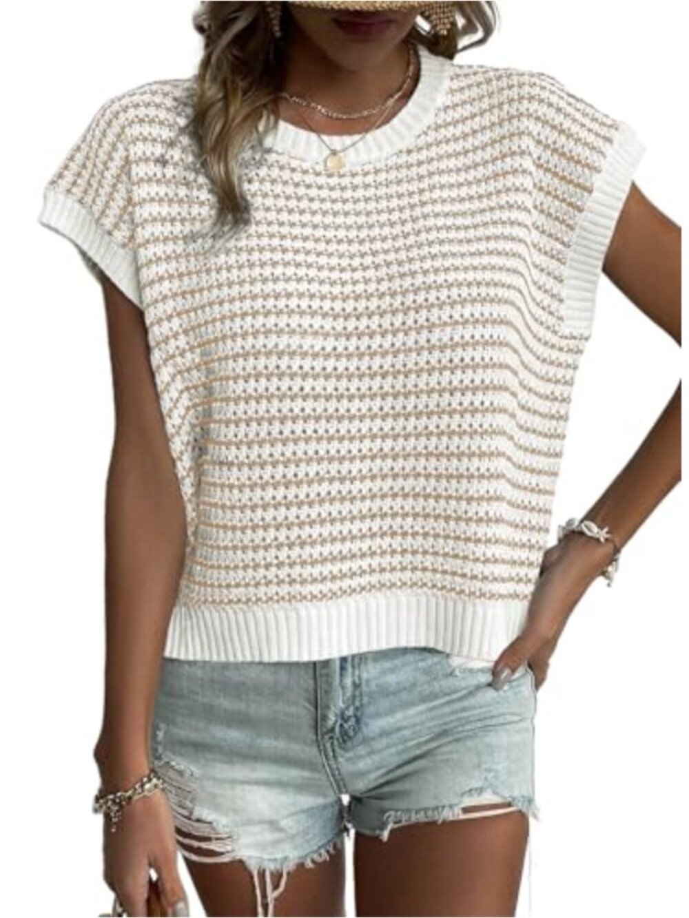 Striped Cap Sleeve Knit Pullover Sweater Vest - Lightweight Casual Top